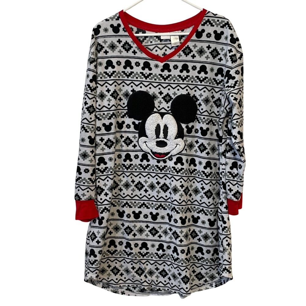 Disney Mickey Mouse Womens XL Cozy Fleece Long-Sleeve Nightshirt With Red Trim